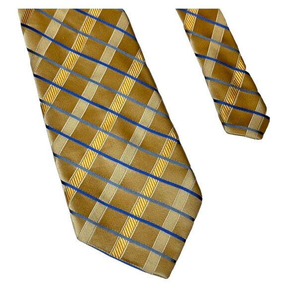 Vintage Wide Silk Tie Preswick and Moore Gold Blue Plaid Classic Retro Necktie - Picture 3 of 9